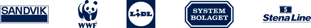 Company logos on a line. Sandvik, WWF, Lidl, Systembolaget, StenaLine.